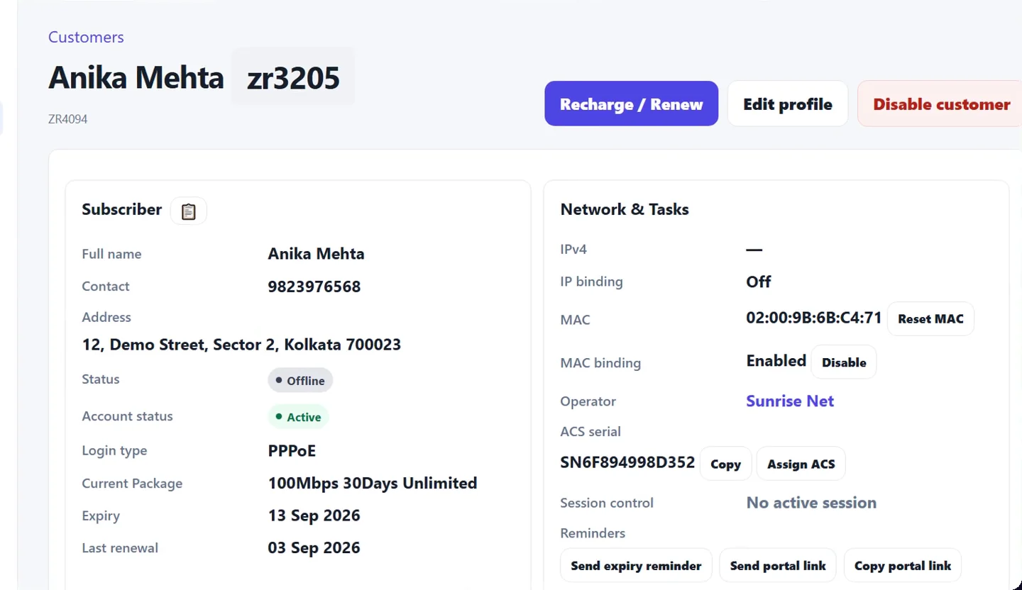 A customer's page showing subscriber details, package, expiry, MAC binding, ACS serial and quick actions