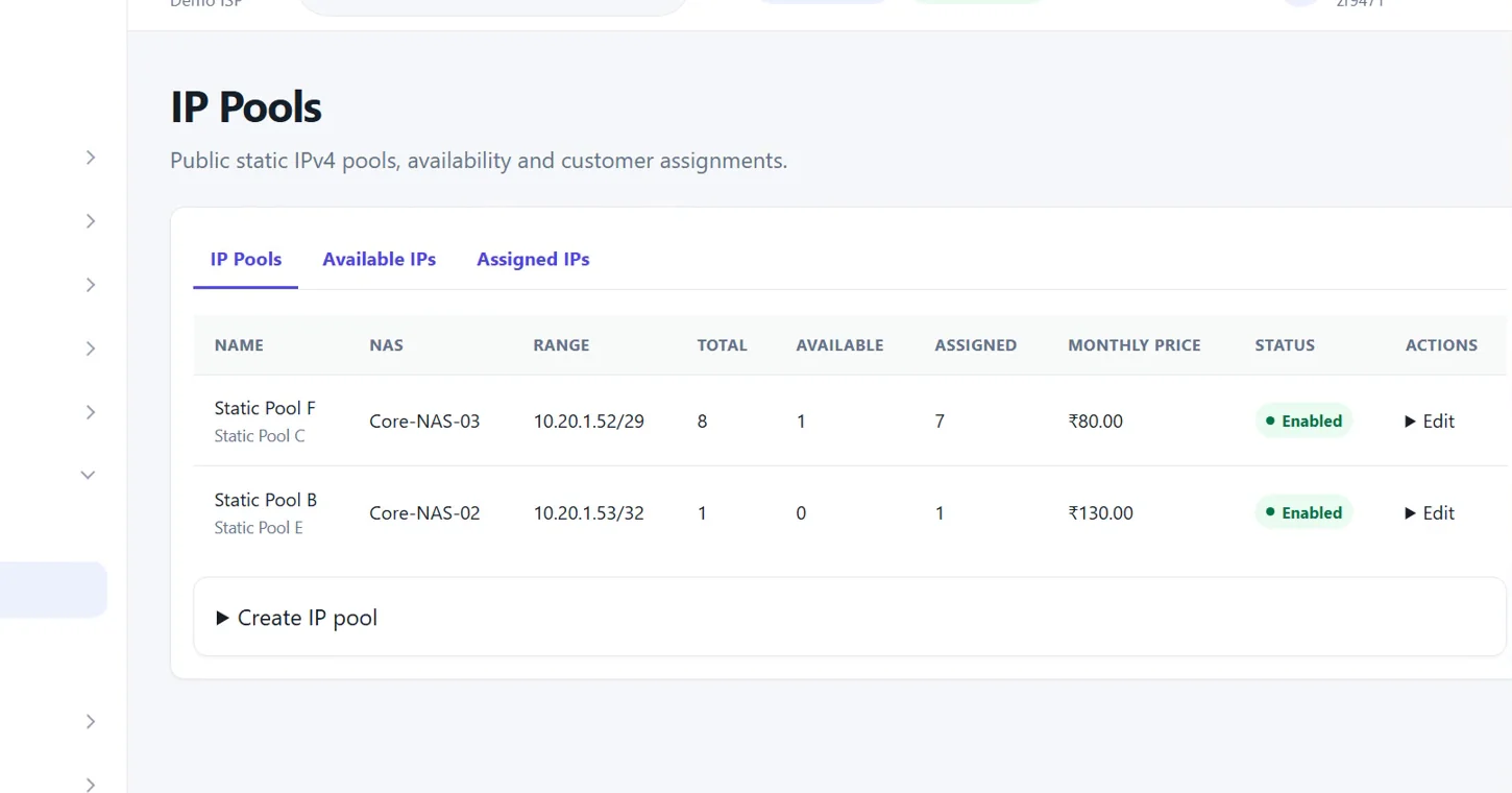 IP pools page listing static pools with NAS, range, total, available, assigned and monthly price