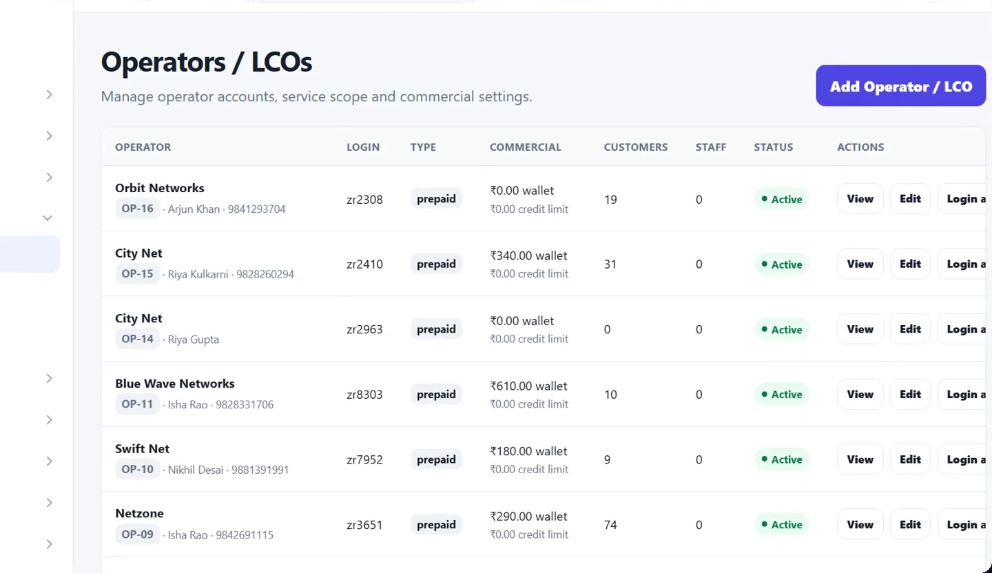 Operators list showing each LCO with login, type, wallet balance, customer count and status