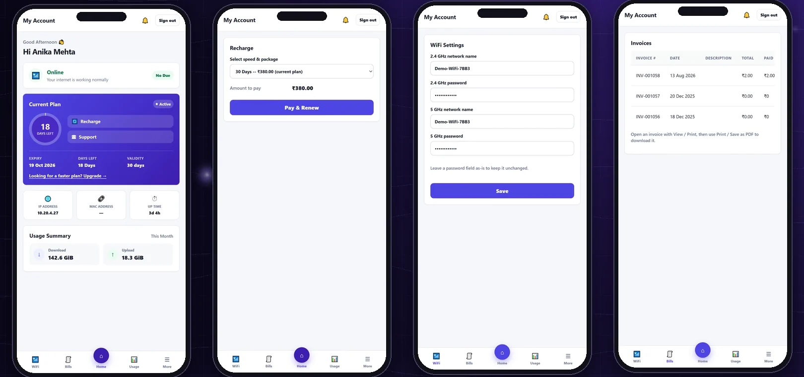 Four phone screens of the self-care portal: account home with current plan, recharge, Wi-Fi settings and invoices