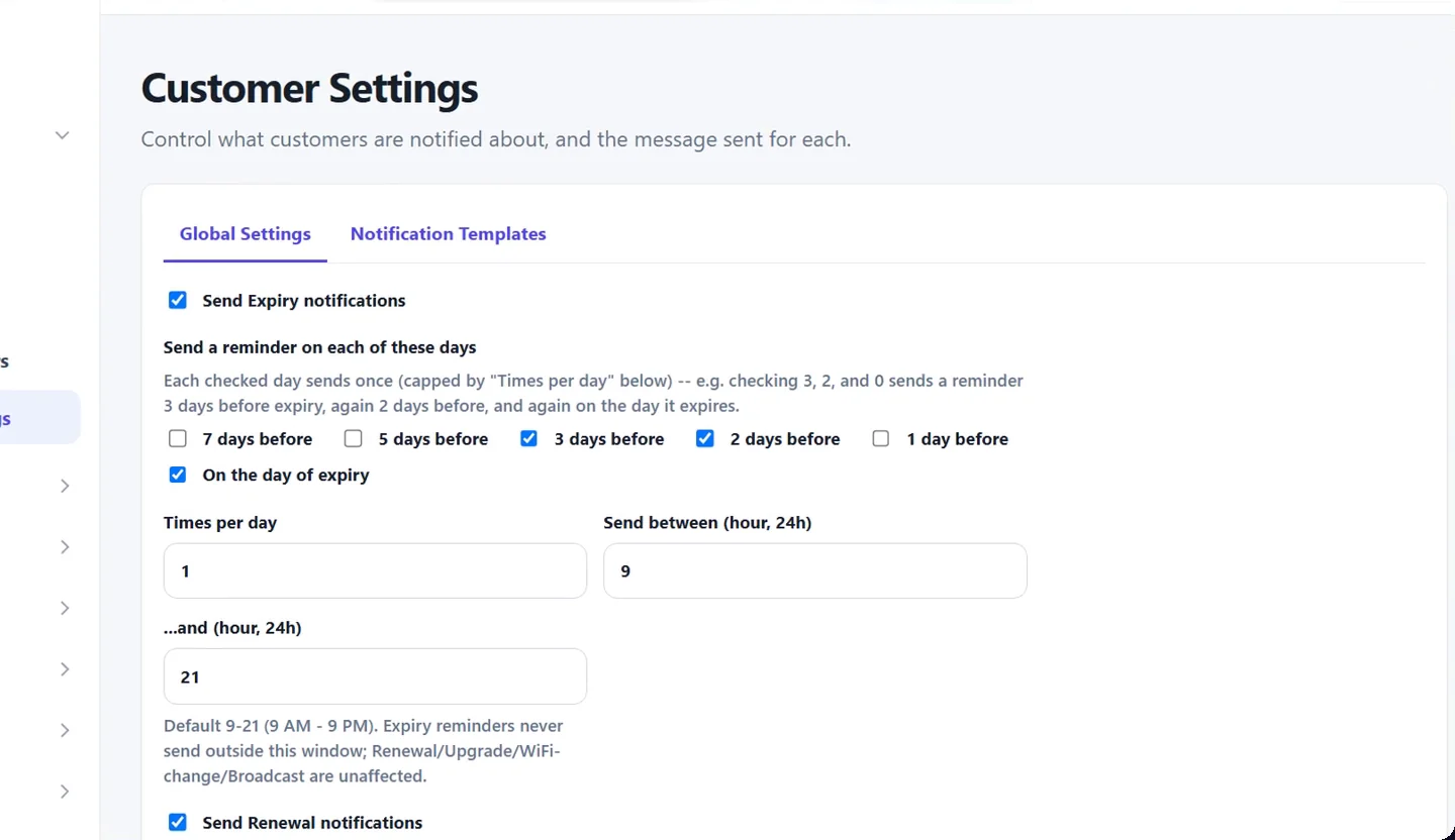 Customer settings page with expiry reminder days, times per day and sending hours