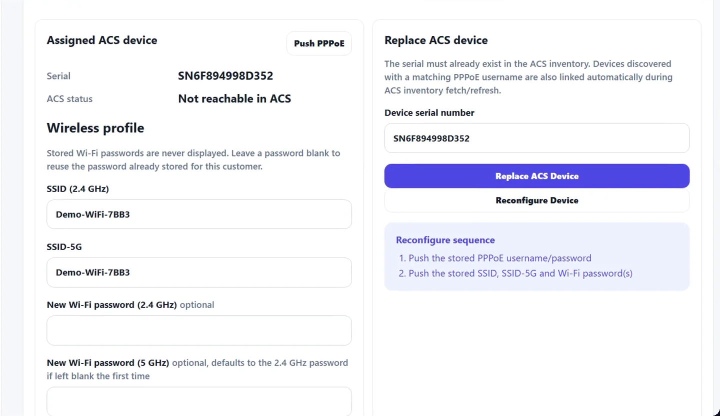 ACS tab on a customer page: assigned device serial, wireless profile with SSIDs, and Replace ACS Device and Reconfigure Device buttons